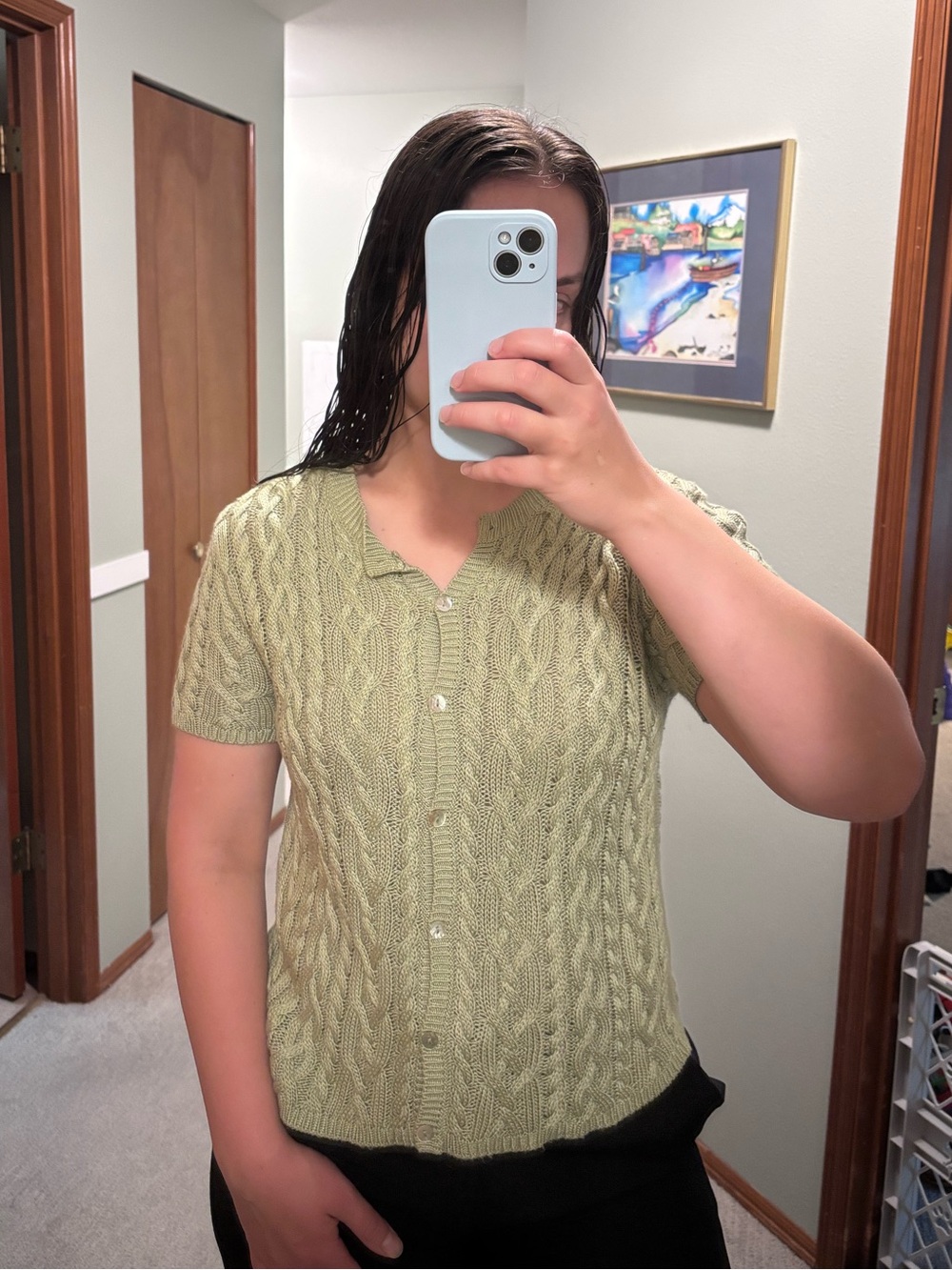 Liz Claiborne Sage Green Cable Knit Short Sleeve Cardigan